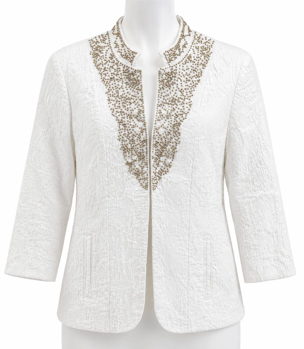 Beaded Textured Open Front Career Jacket Chico's White Womens Size 1 READ